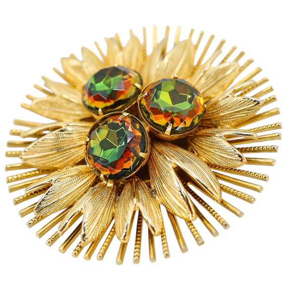 Large Vintage Watermelon Glass Rhinestone Brooch - Starburst Design - Picture 10 of 11